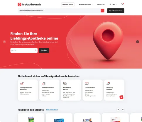 IhreApotheken.de storefront — pharmacy search, product listings and magazine modules