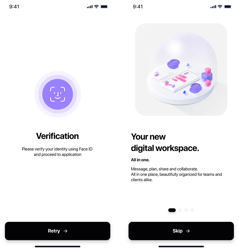 Pingya onboarding — Face ID verification and the "Your new digital workspace" intro screen