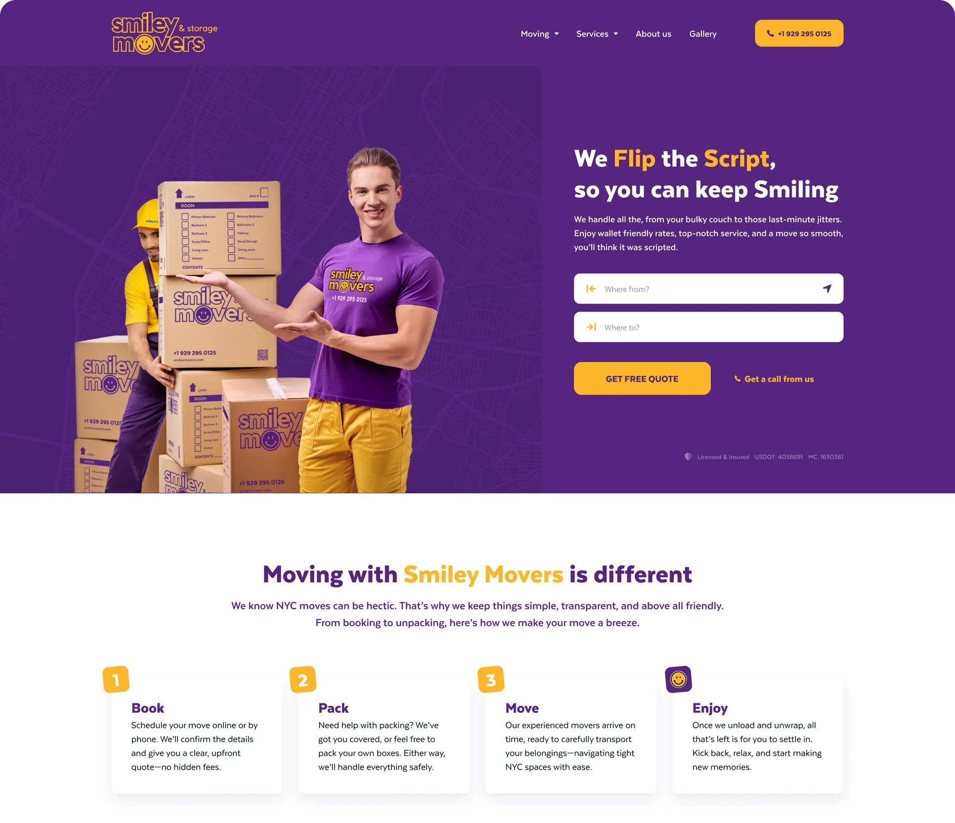 Smiley Movers website — purple hero with a free-quote form, and the four-step Book, Pack, Move, Enjoy section