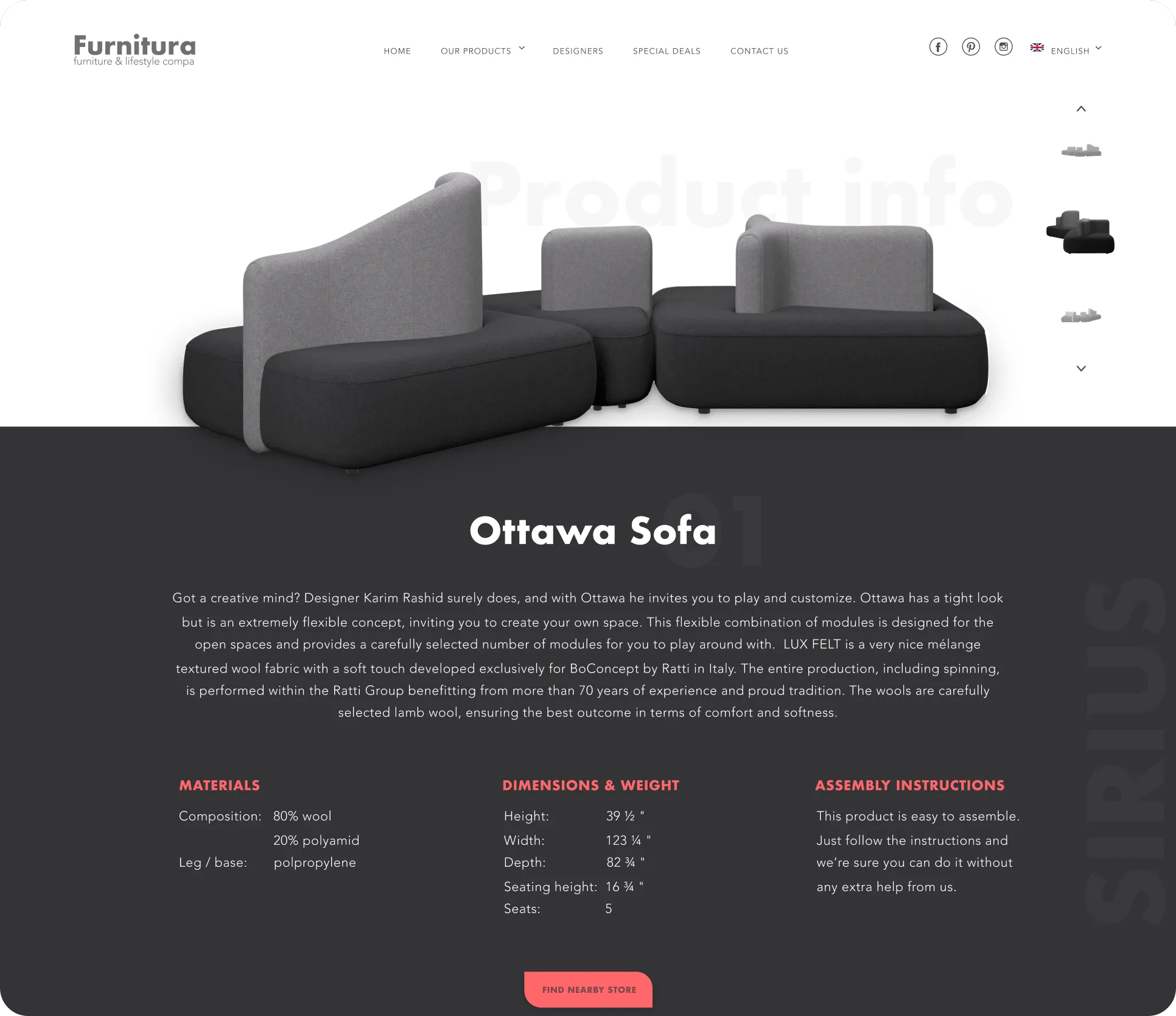 Furniture e-commerce product page in high fidelity — hero render over a dark specification band