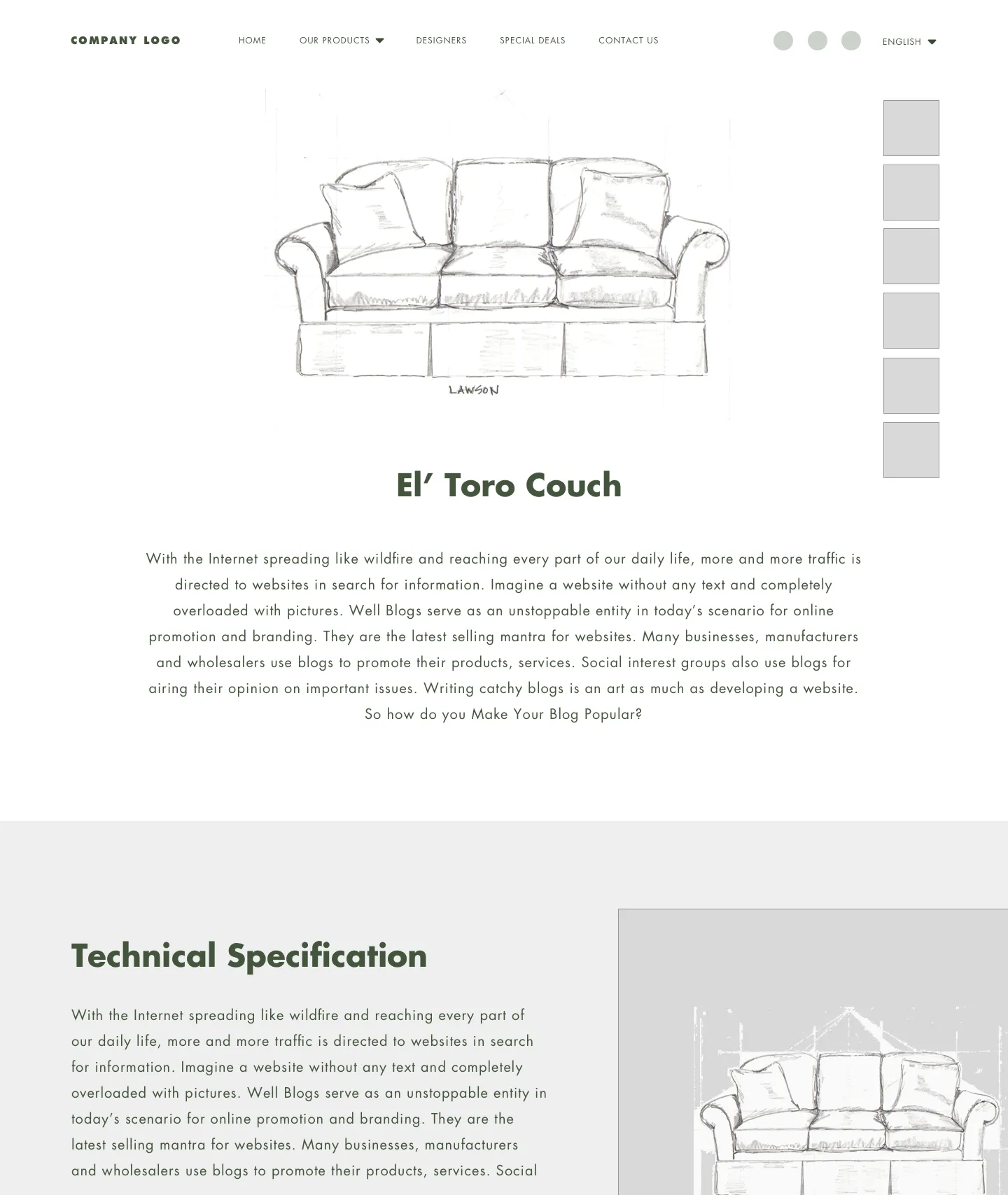 Low-fidelity wireframe of a product page — hero and technical specification blocked out in grayscale